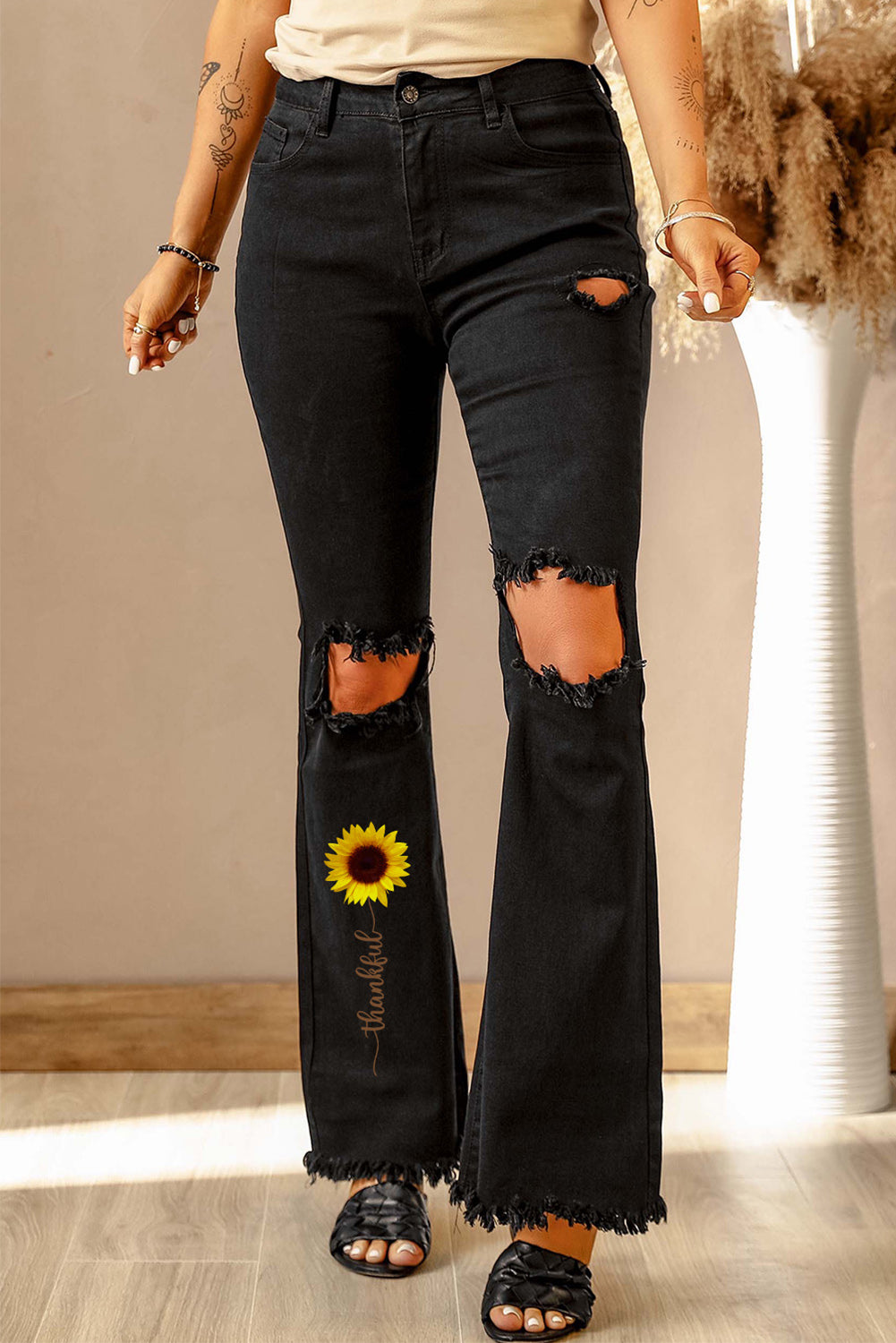 High Waist Ripped Bell Bottom Jeans