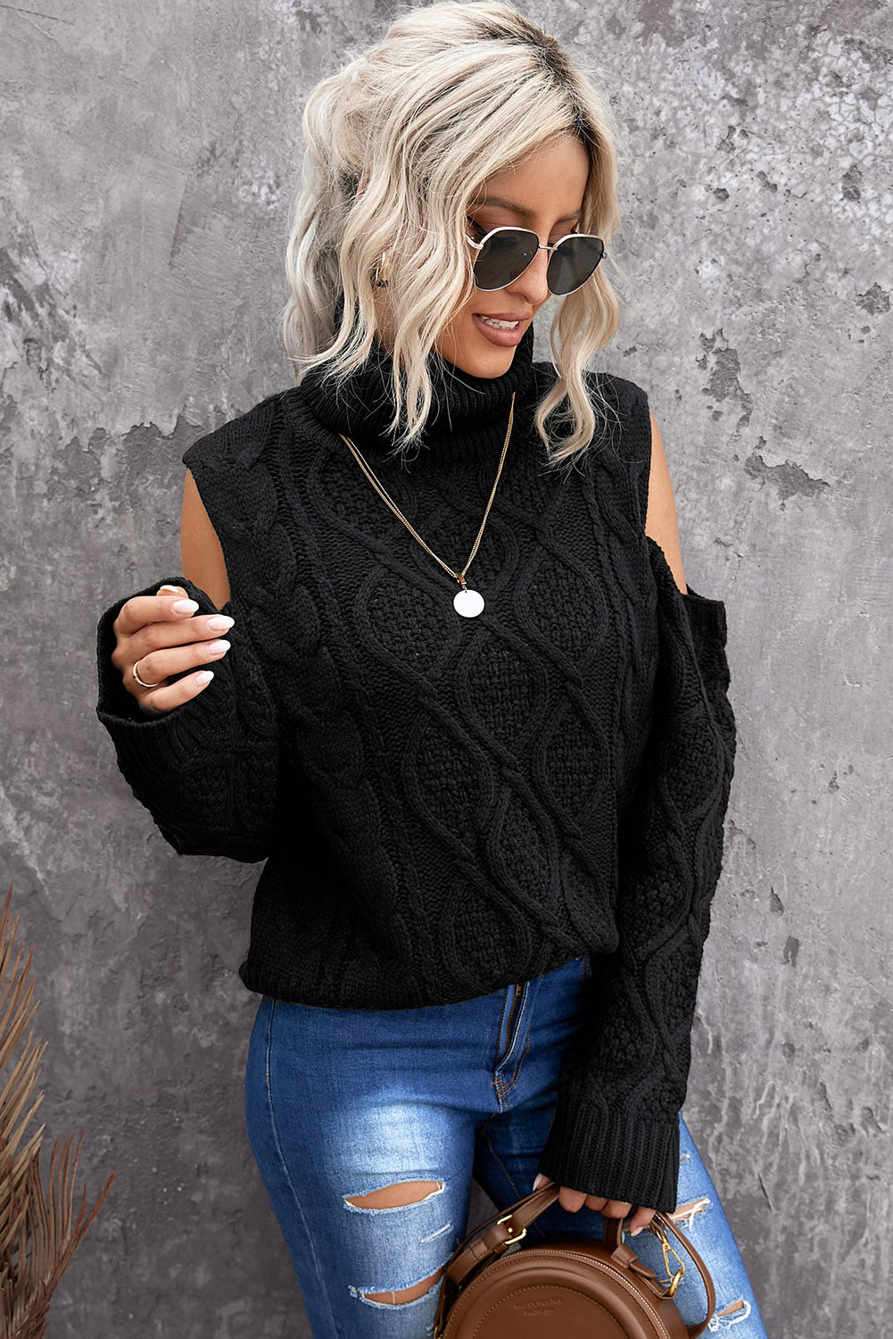 Turtleneck Cold Shoulder Textured Sweater