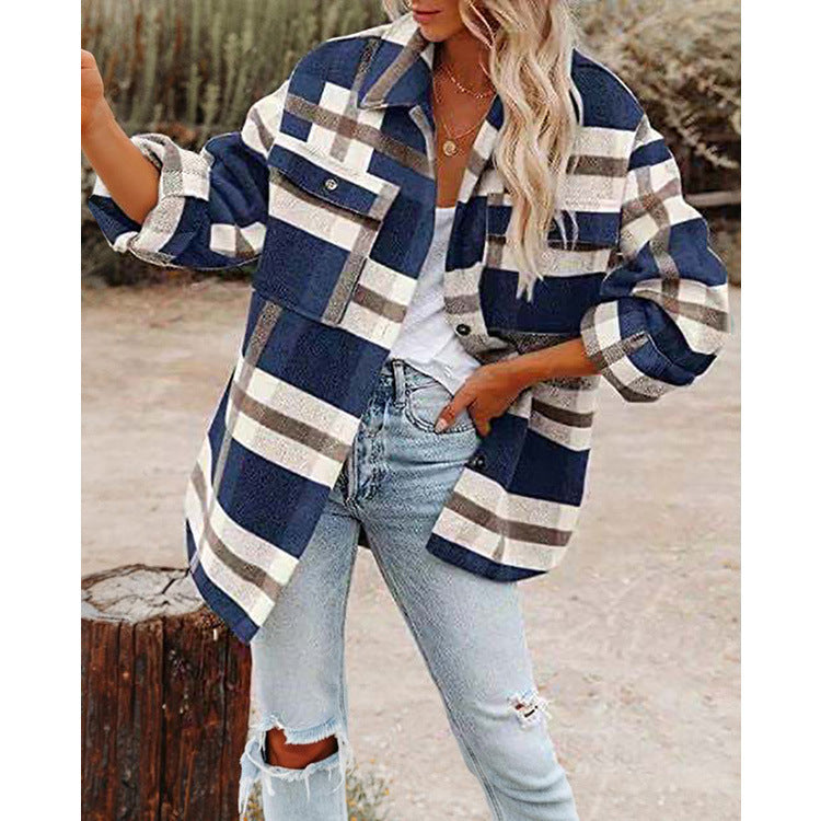 Women's Long Sleeve Lapel Loose Plaid Thickened Wool Jacket