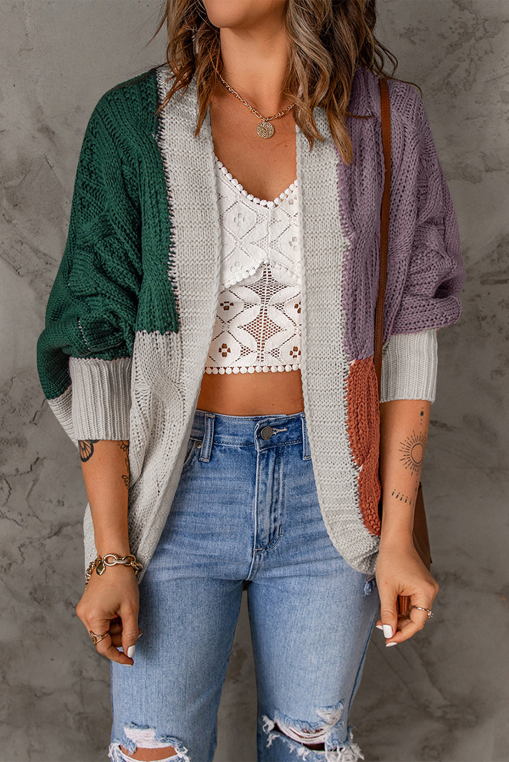 Color Block Loose Open Front Knitted Cardigan