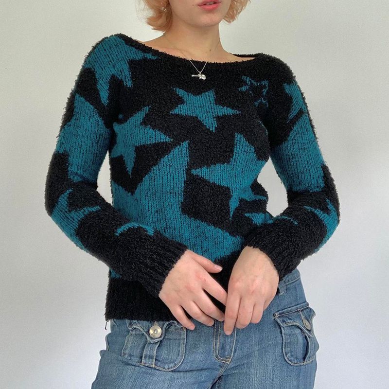 Color Contrast Star Long Sleeved Sweater Women