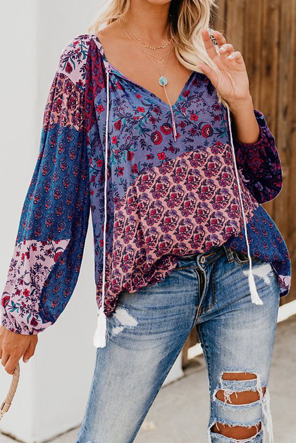 Multicolor Floral Print Peasant Blouse