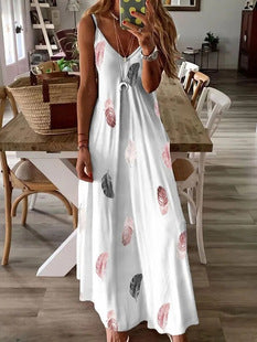 Sleeveless Slim-fit Feather Print Low-cut V-neck Strap Large Swing Dress
