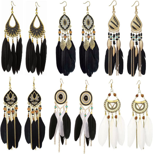 6 Pairs Women Feather Earrings Bohemian Fringe Tassel Long Drop Dangle Earrings Set with Dream Catcher Design Boho Earrings for Women Girls Birthday Christmas Holiday Party