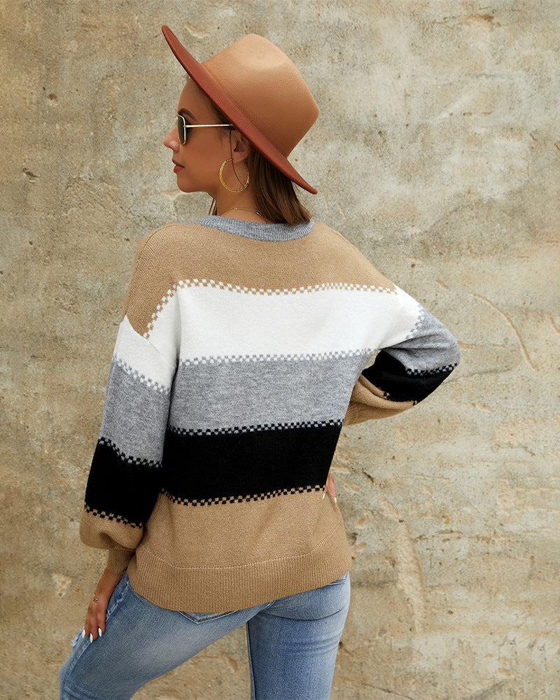 Fashion Women's V-neck Stitching Polyester Sweater