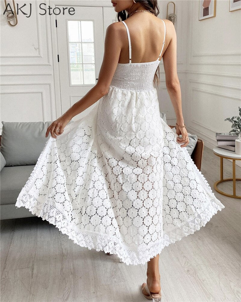 Women V-Neck Spaghetti Strap Irregular Playsuit Solid Color Crochet Lace Hollow Sleeveless Romper