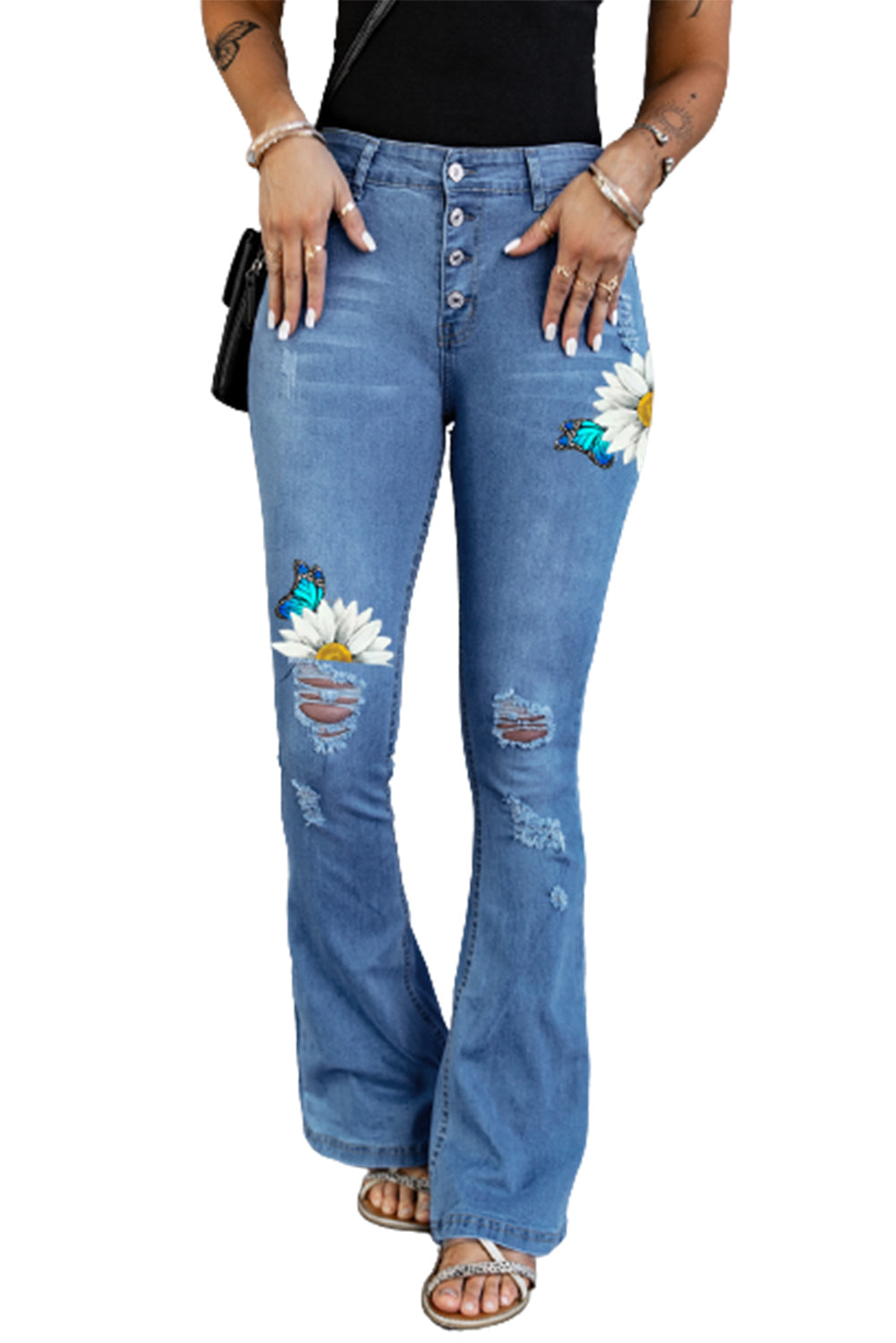 Dark Blue Mid Rise Button Front Flare Denim