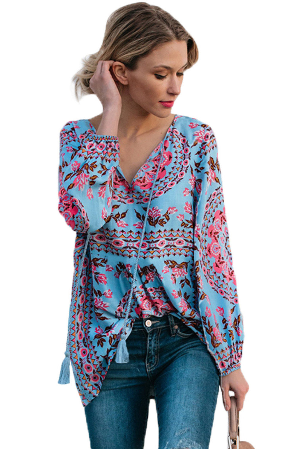 Multicolor Floral Print Peasant Blouse
