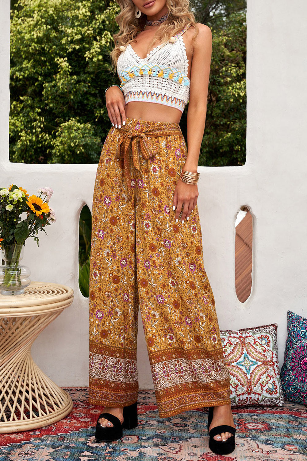 Boho Floral Print Wide Leg Casual Pants with Tie