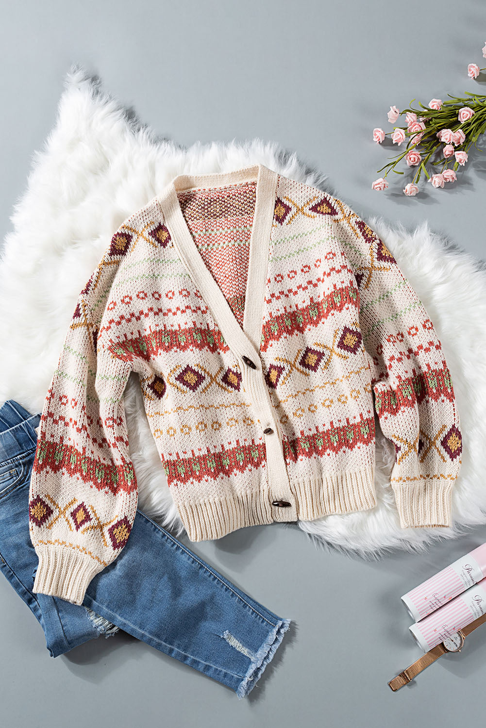 Multicolor Tribal Pattern V Neck Button Front Cardigan