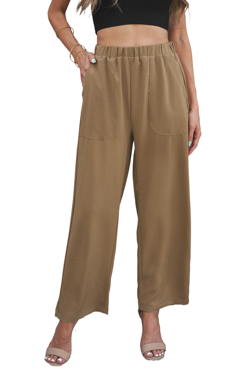 Elastic Waist Pocketed Wide Leg Pants