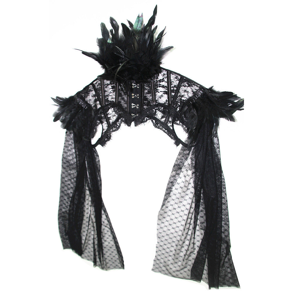 Long Sleeve Feather Decoration Lace Cappa Cloak