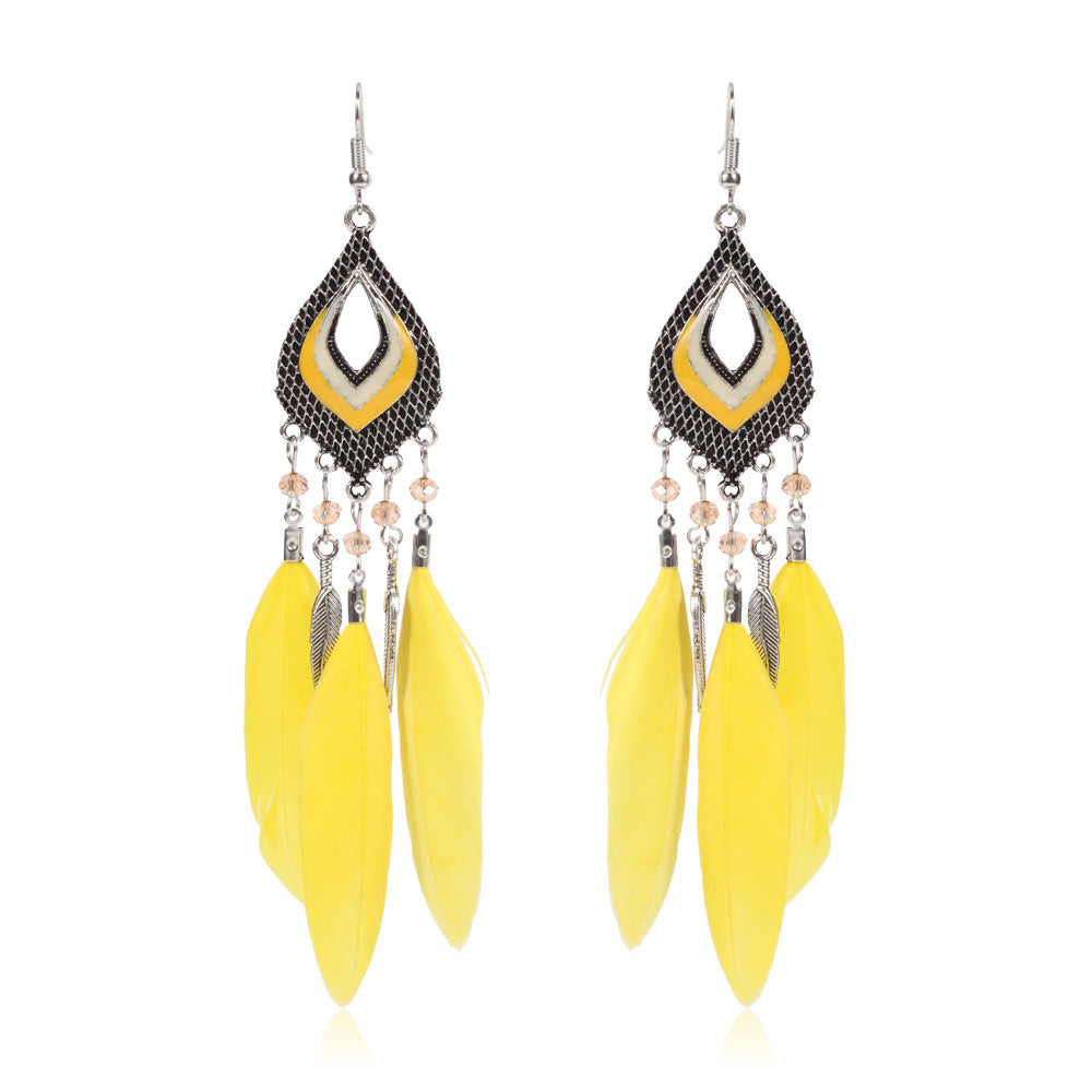 Super Fairy Seaside Holiday Feather Earrings Fan Shizu Street Shooting Long Hollow Oil Dripping Rice Bead Earrings