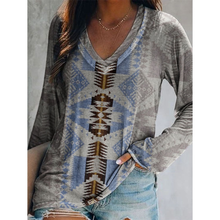 Top Ethnic Orientation Print Long Sleeve T-Shirt Women