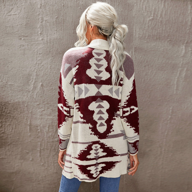 Long Printed Button Cashmere Knitted Cardigan Top Women