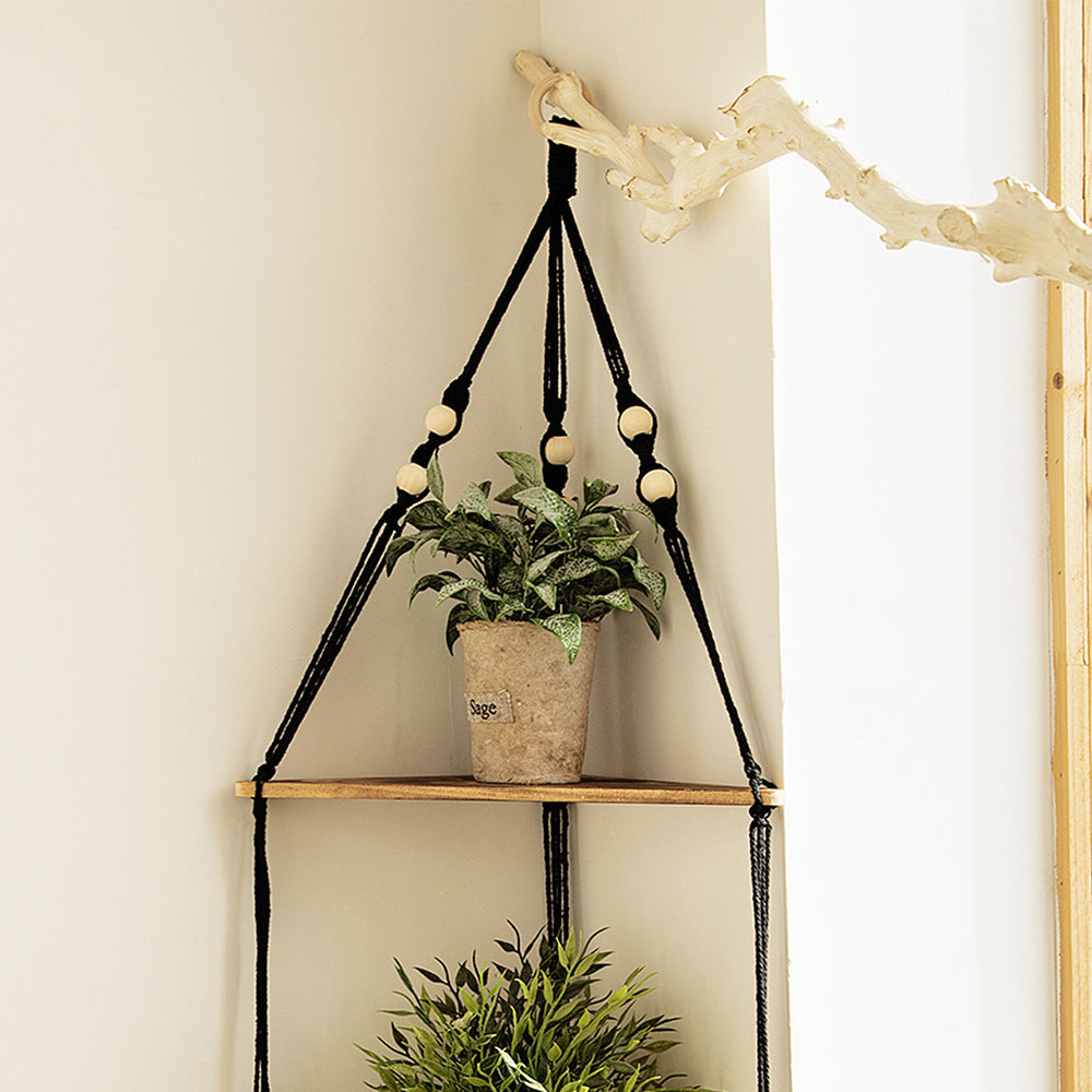 Wooden Wall Hanging Shelves - Macrame Hanging Plant Shelf With Leaf,Boho Storage Floating Shelves Handmade Rustic Hanger Planter Rack Pot Stand Holder