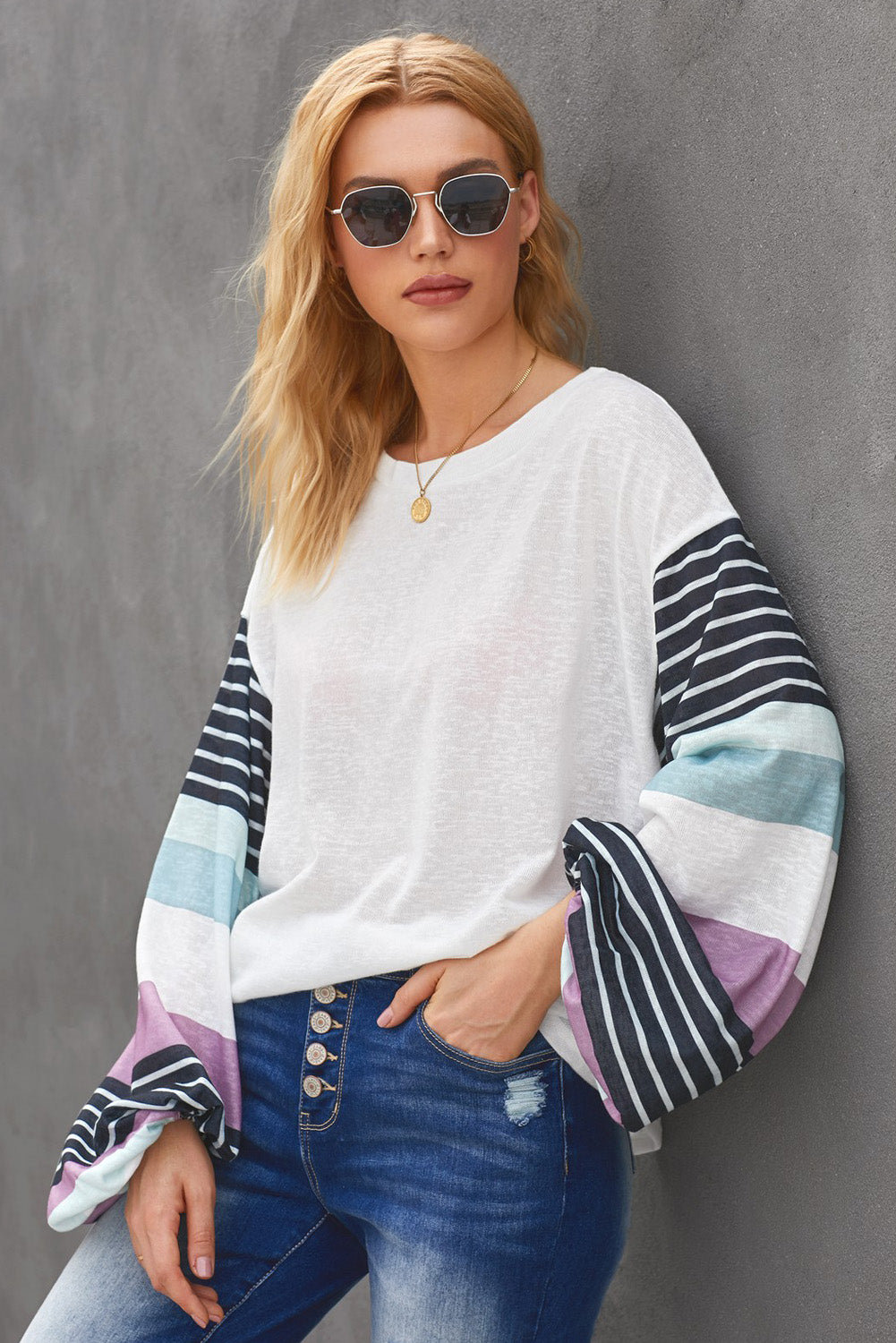 Striped Colorblock Long Sleeve Knit Top