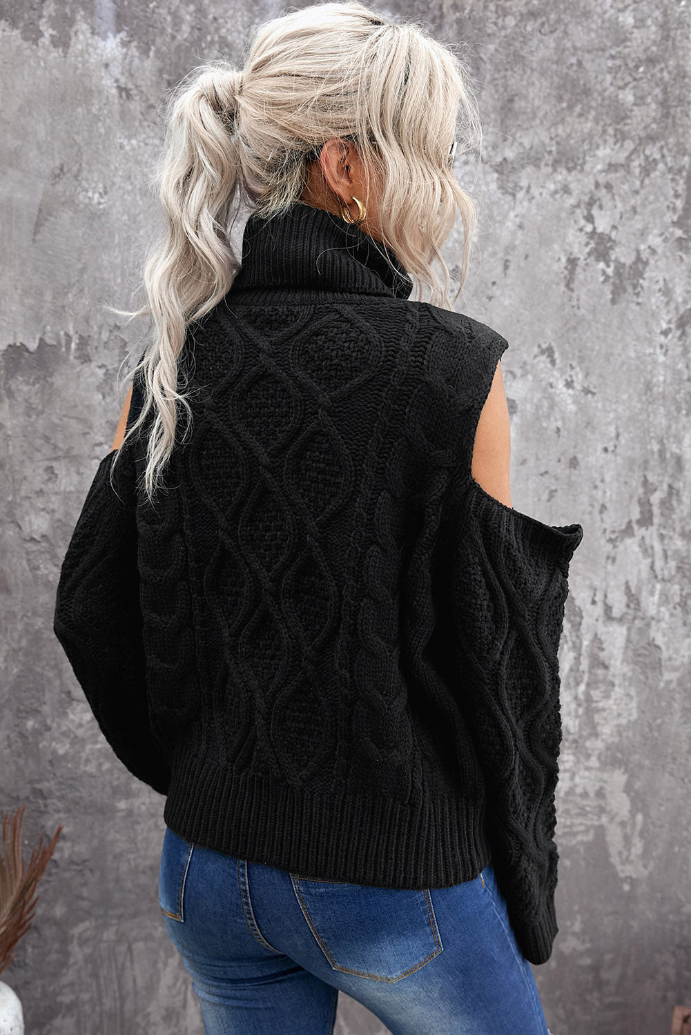 Turtleneck Cold Shoulder Textured Sweater