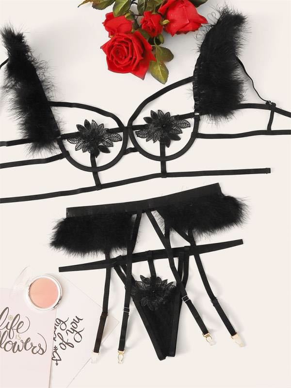 Explosive Style Fun Feather Strap Stitching Three-piece Set