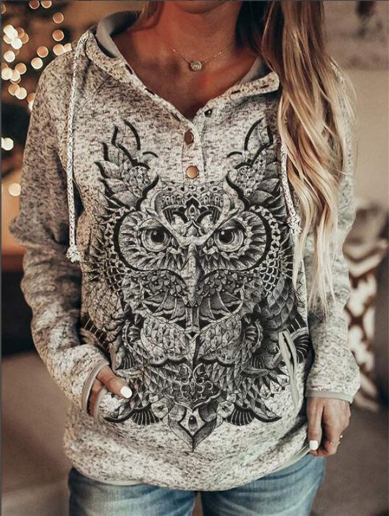 Owl Print Hooded Casual Loose Long Sleeve Women Trendy Sweater