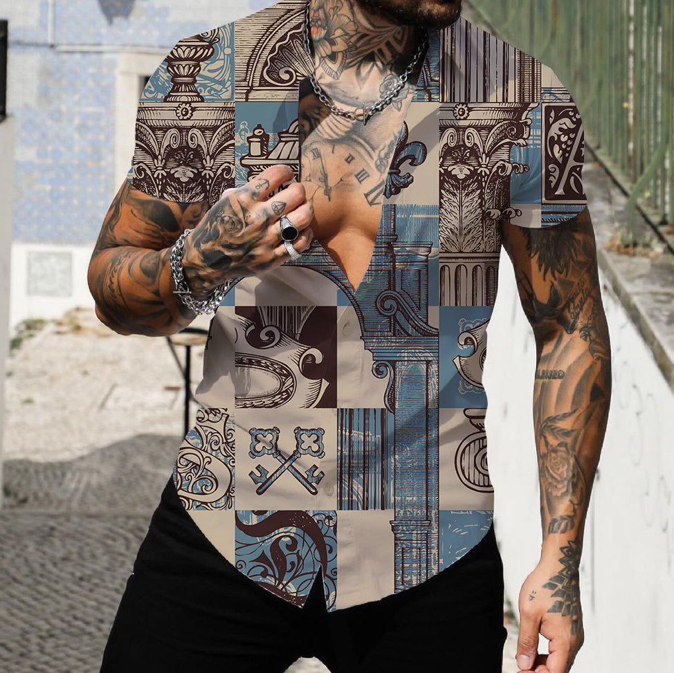 Men's 3D Digital Geometric Printed Short-sleeved Shirt