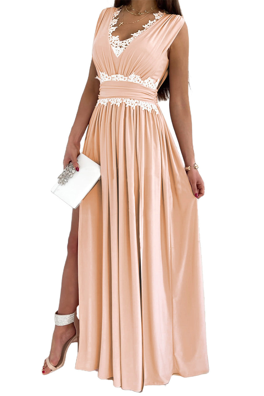 Crochet V Neck Sleeveless Ruched High Waist Maxi Dress