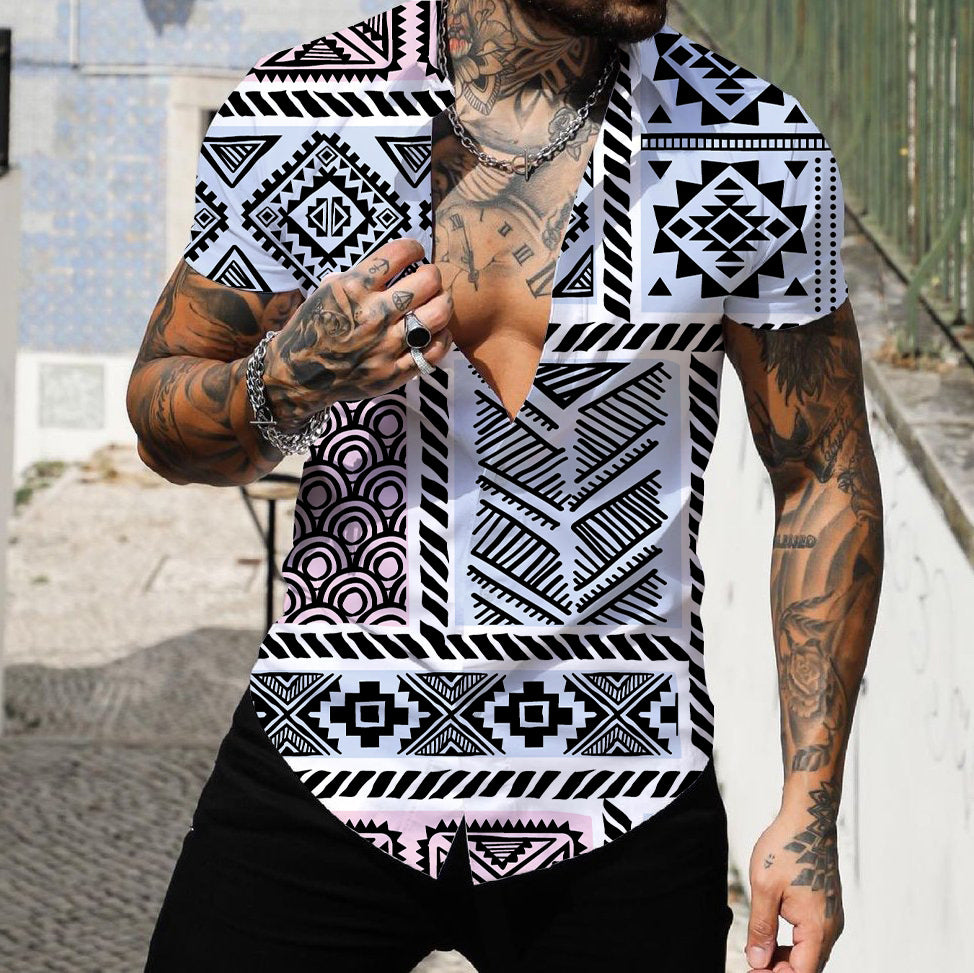 Men's 3D Digital Geometric Printed Short-sleeved Shirt