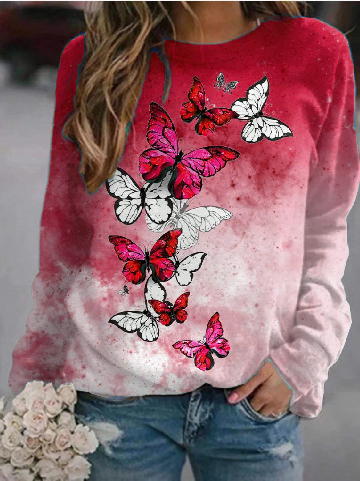 Floral Butterfly Round Neck Long Sleeve Sweatshirt Women T-shirt