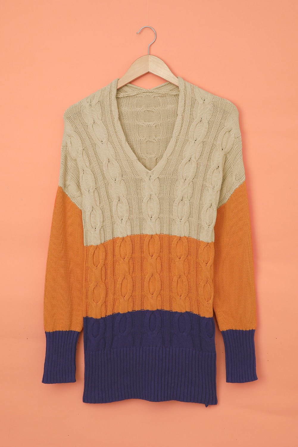 Colorblock Cable Knit Sweater with Slits