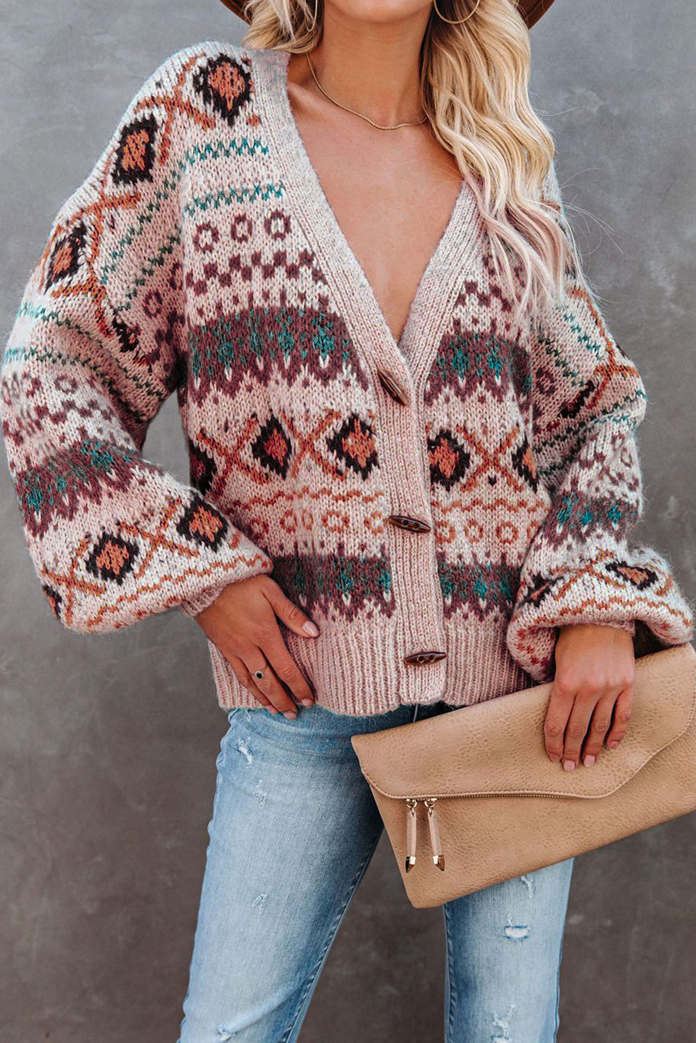 Multicolor Tribal Pattern V Neck Button Front Cardigan
