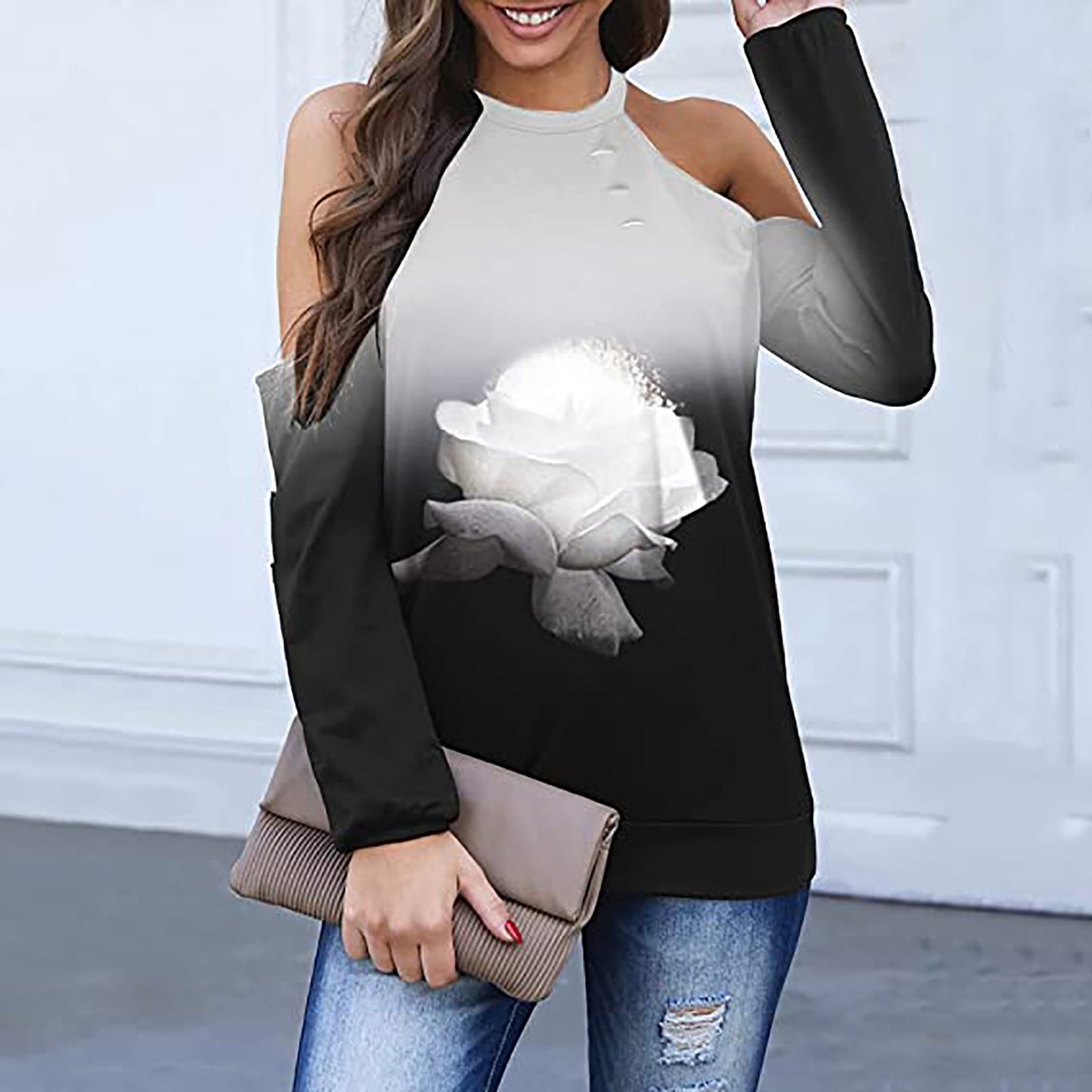 Printed Halter Strapless Long Sleeve Casual Top