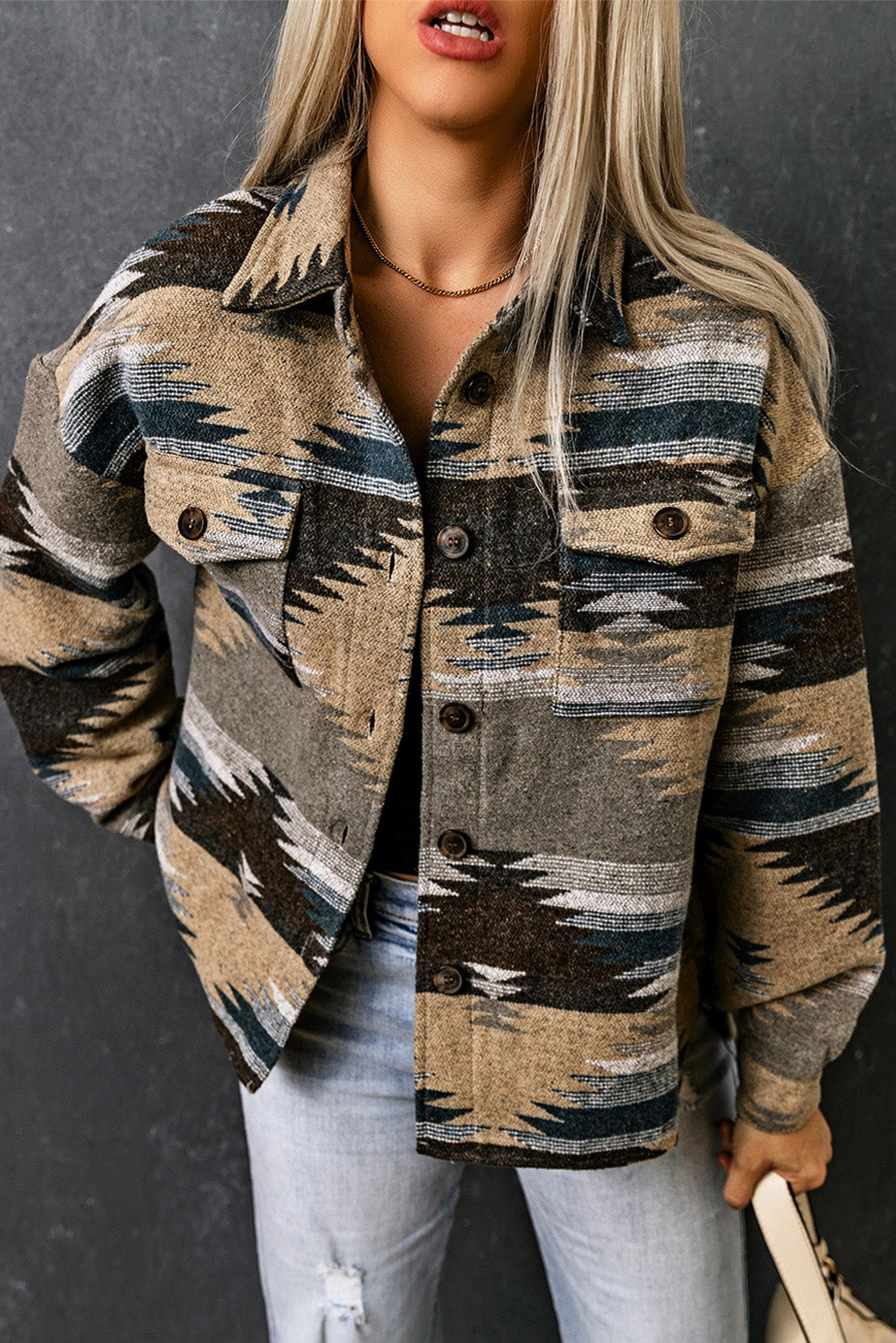 Distressed Aztec Print Lapel Long Sleeve Button Shirt Jacket