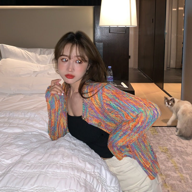 Slim Type Contrast Knit Rainbow Cardigan Sweater