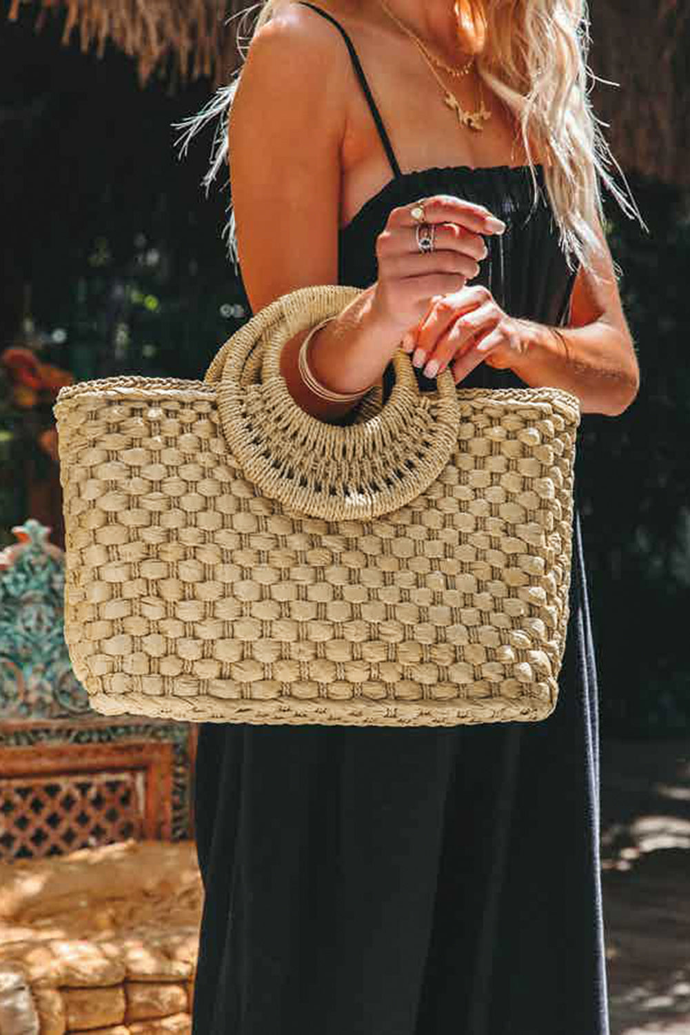 Khaki Vintage Square Portable Handwoven Beach Bag