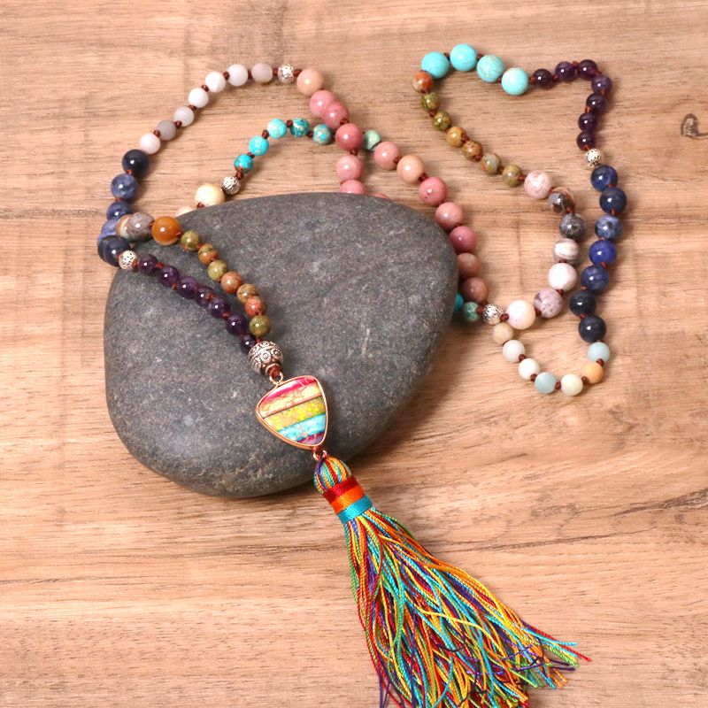 Women's Boho Colorful Stone Pendant Tassel Necklace