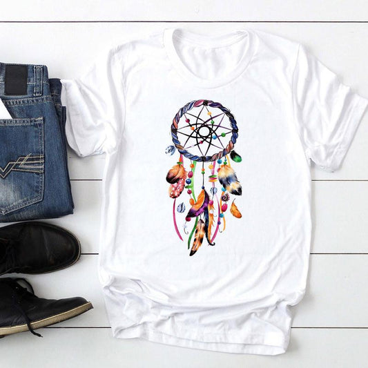 Women's Feather Printed Watercolor Short-sleeved T-shirt