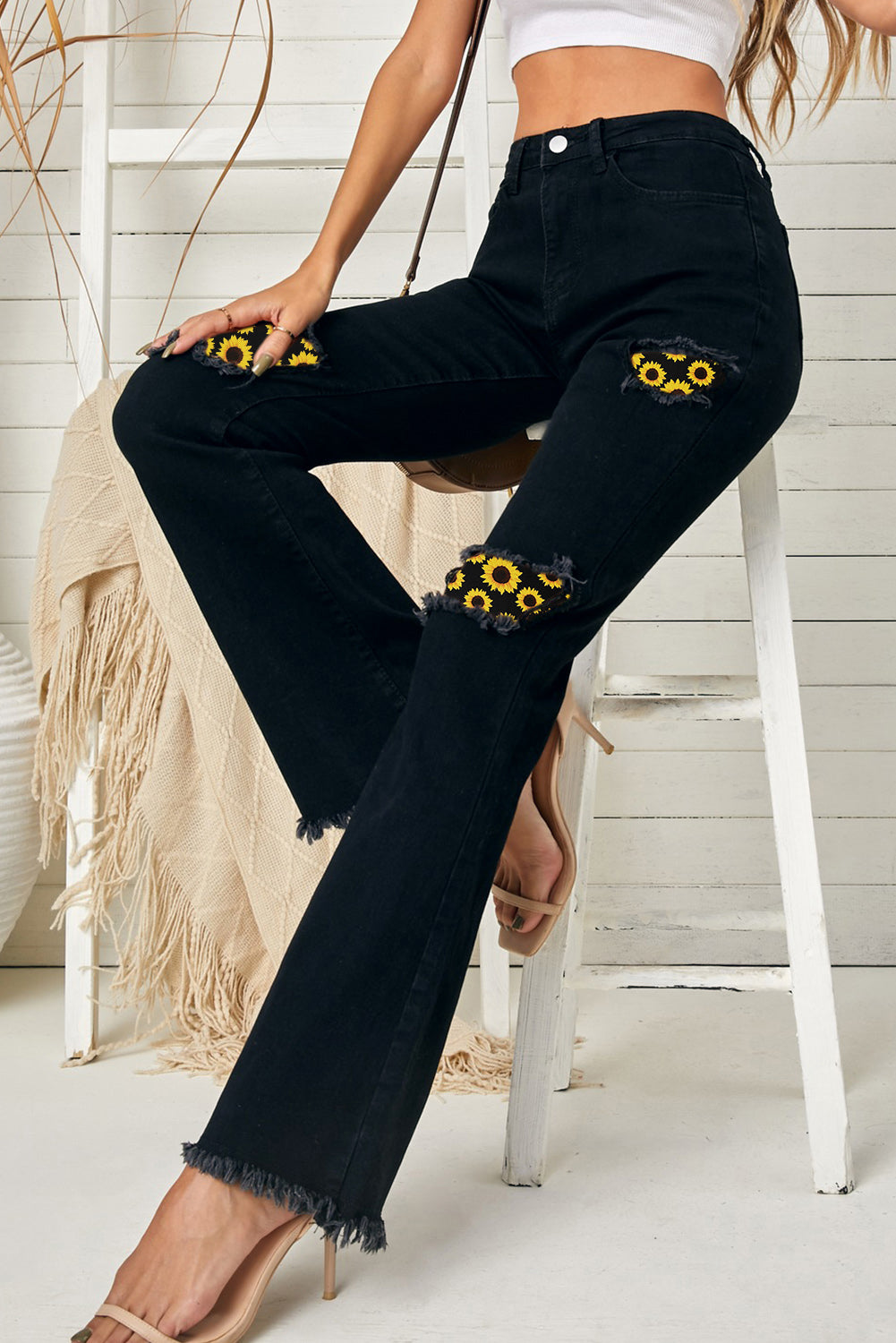 High Waist Ripped Bell Bottom Jeans