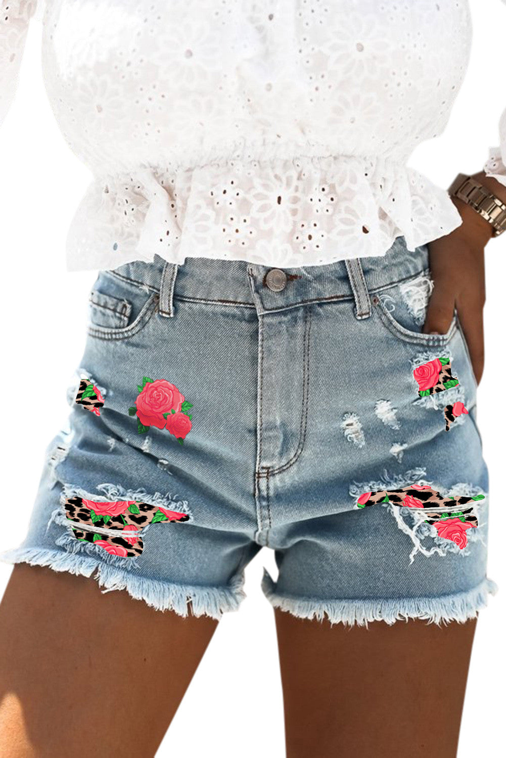 Casual Ripped Raw Hem Denim Shorts