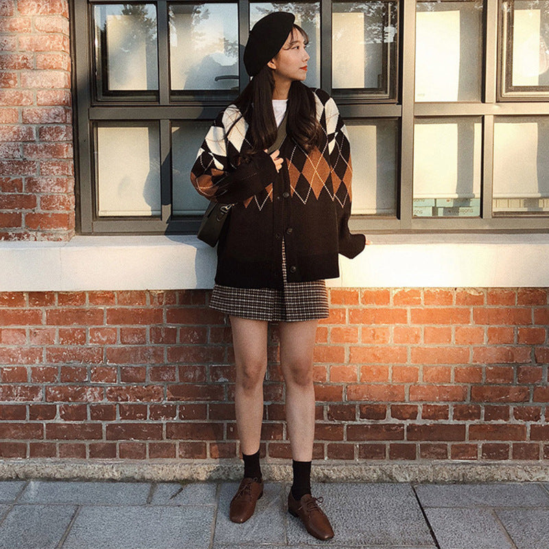 Korean College Style Diamond Plaid Sweater Coat