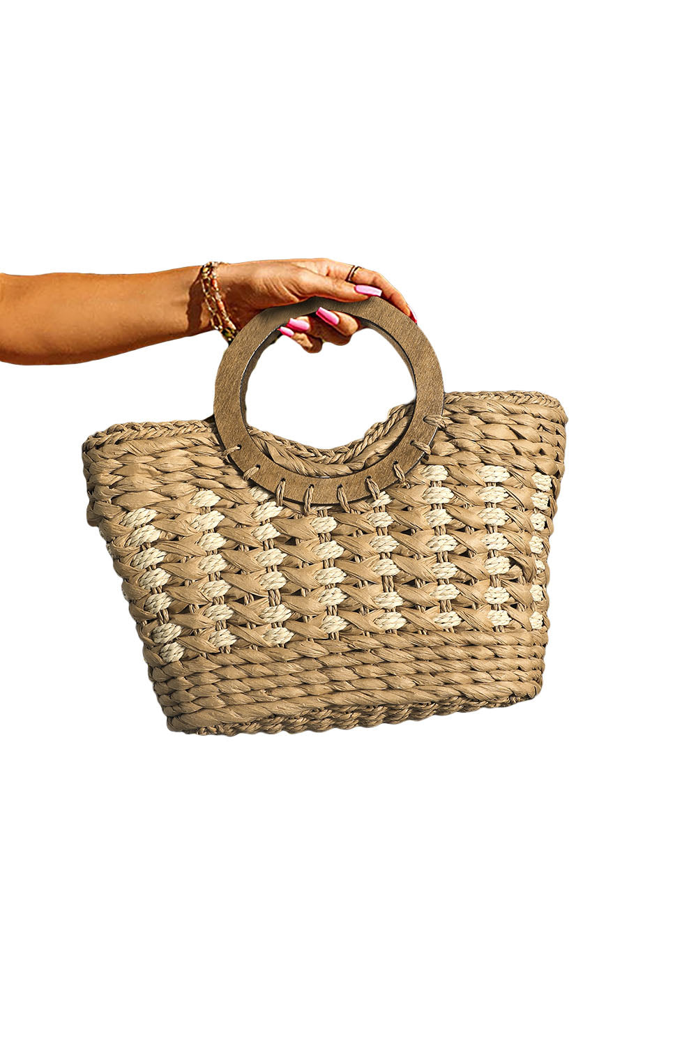 Khaki Round Handle Pastoral Straw Bag