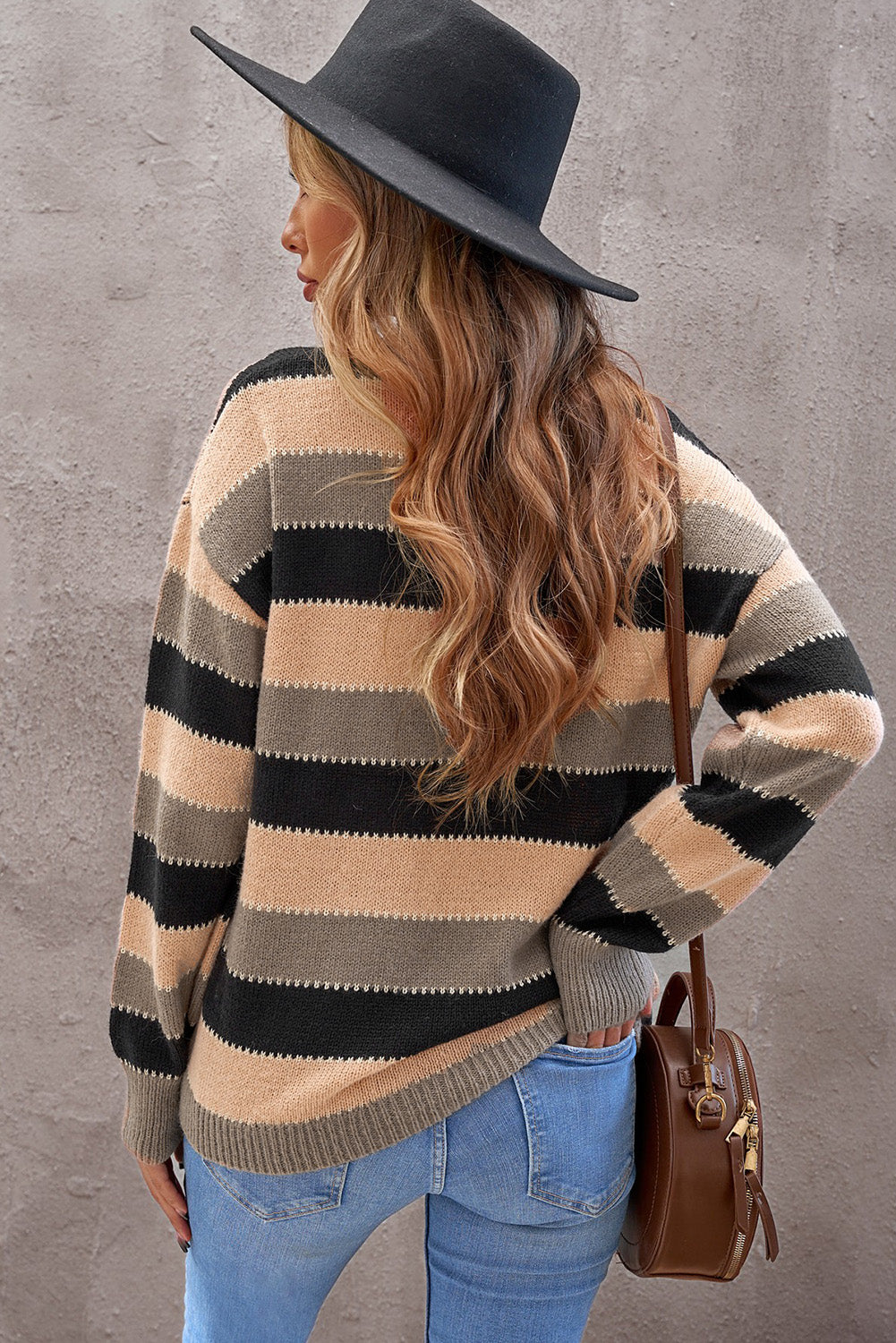 Drop-Shoulder Sleeve Striped Patchwork Pullover Sweater