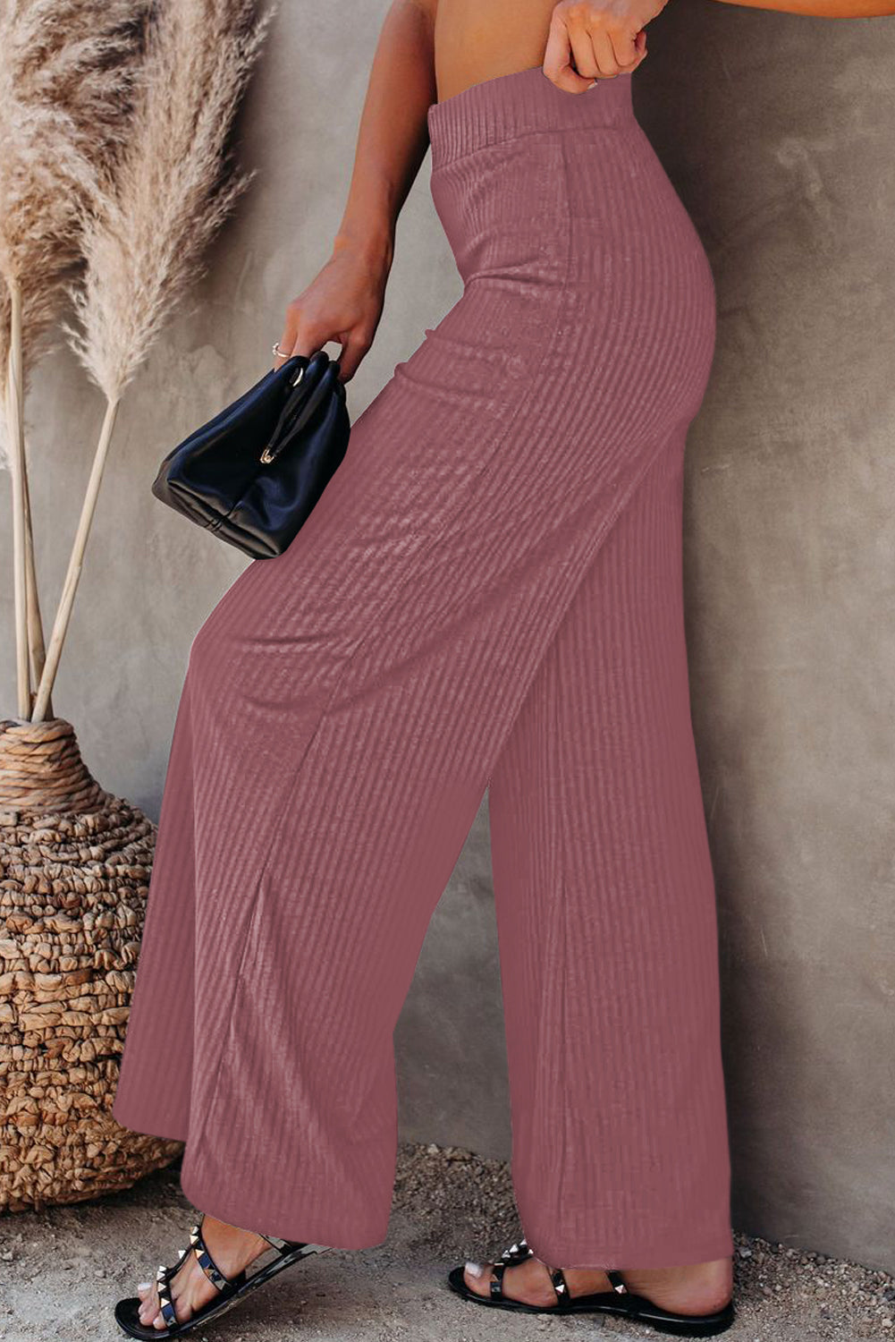 Ribbed Knit High Rise Wide Leg Pants