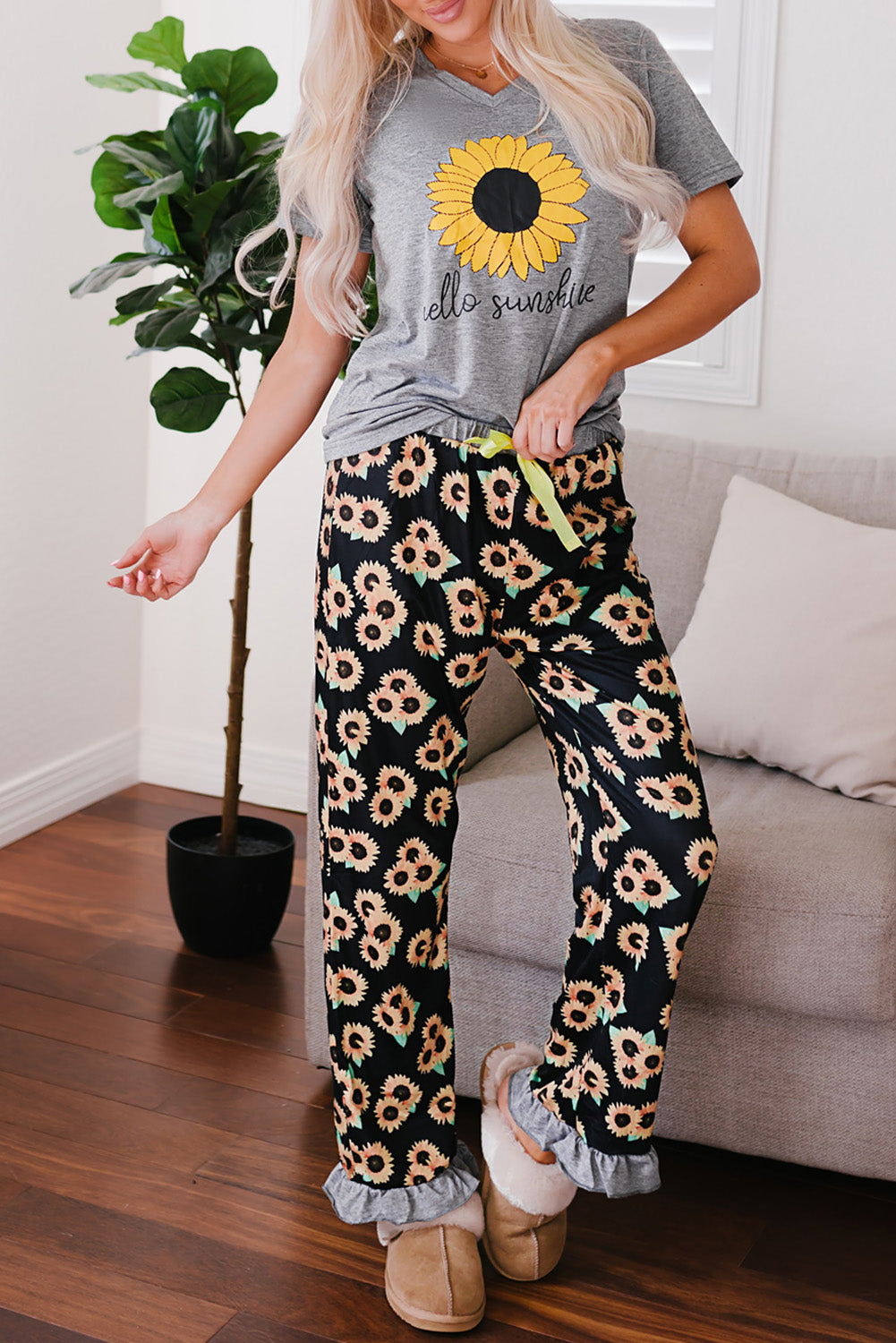 Sunflower hello sunshine Print Tee and Pants Lounge Set