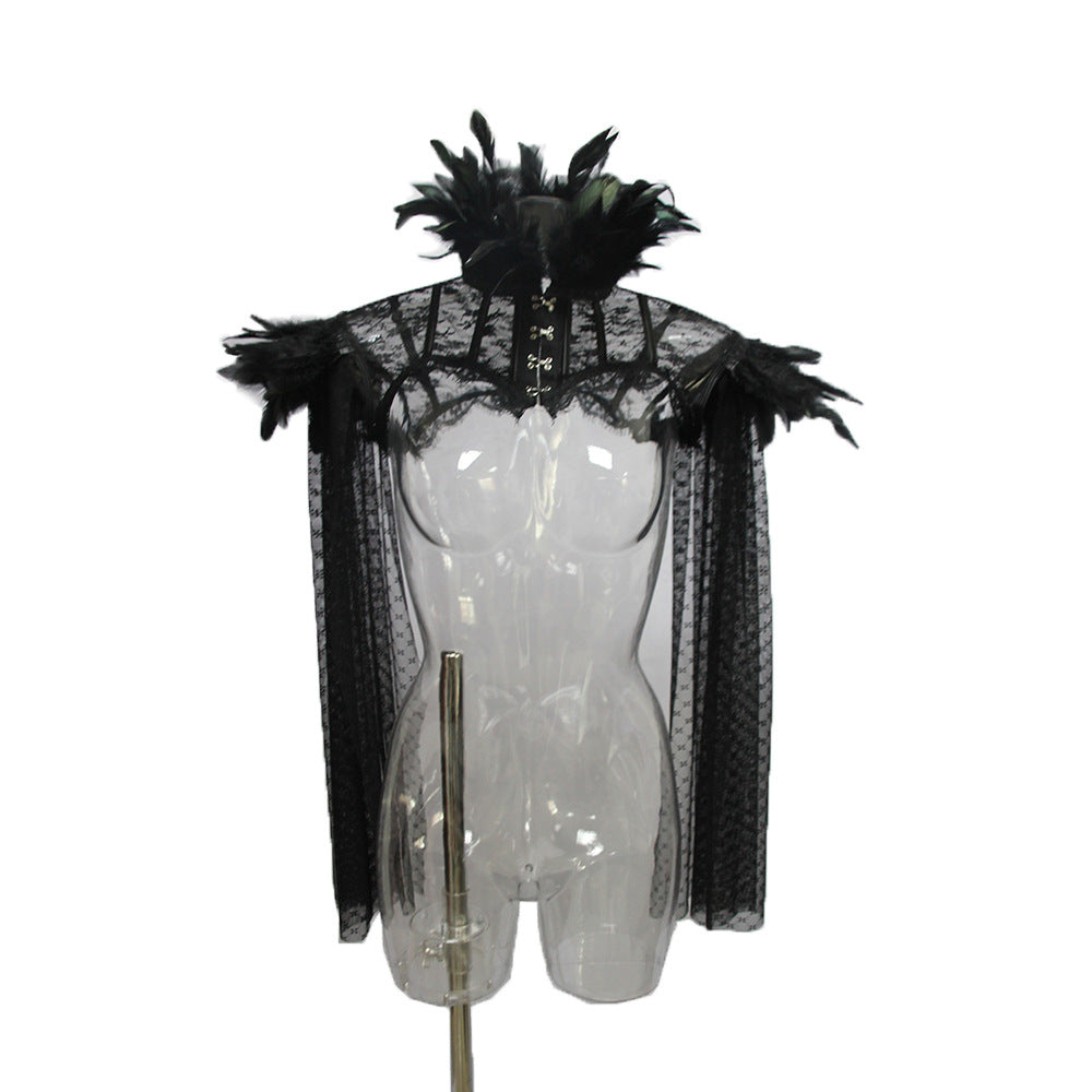Long Sleeve Feather Decoration Lace Cappa Cloak