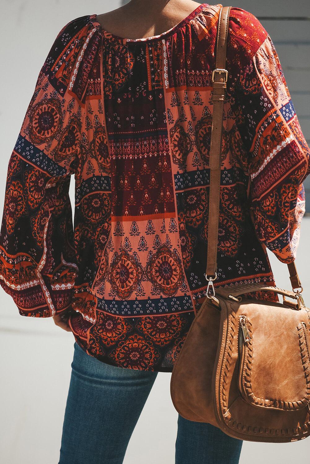 Multicolor Floral Print Peasant Blouse