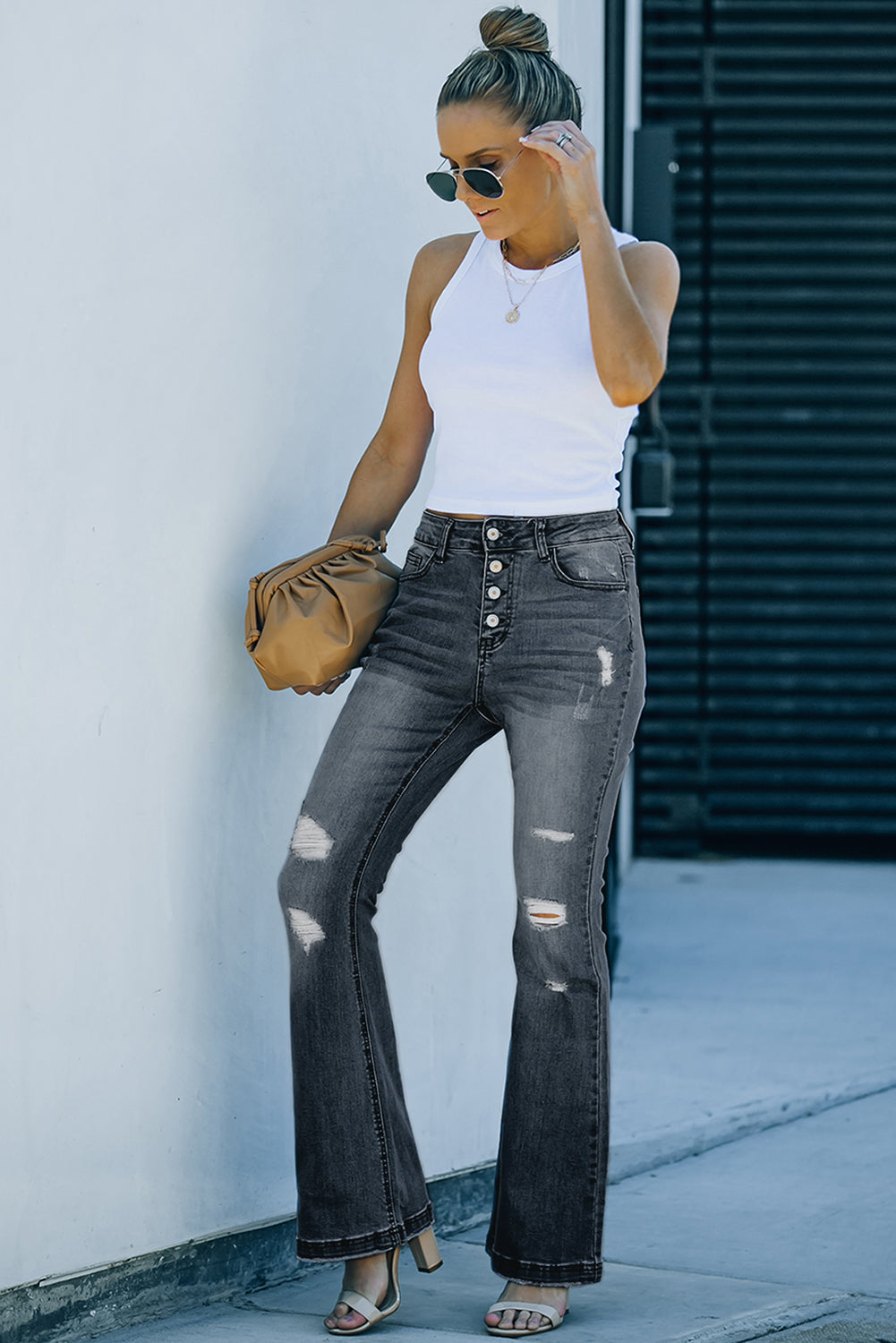 Dark Blue Mid Rise Button Front Flare Denim