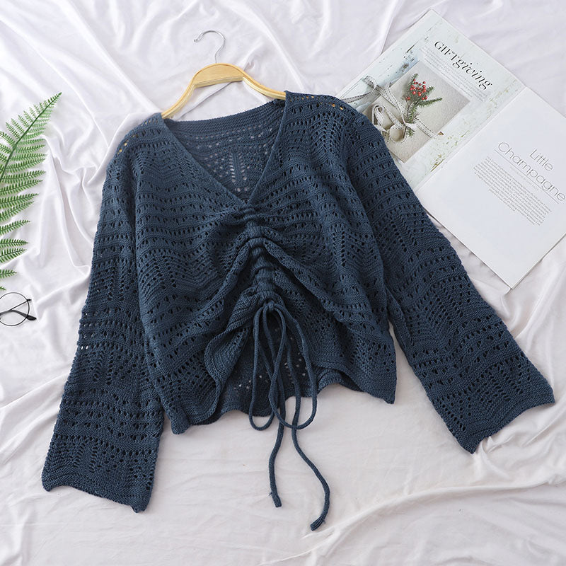 Loose Knit Sweater Short Sweater Women Long-sleeved Mesh