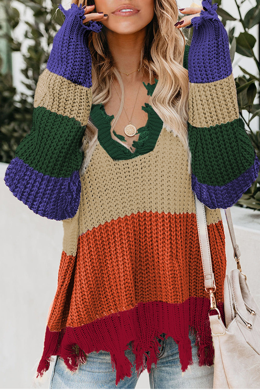 Colorblock Distressed Sweater
