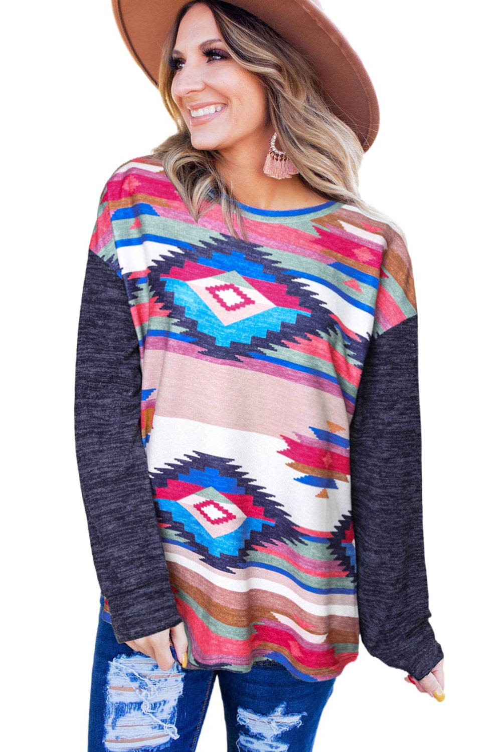 Multicolor Aztec Print Color Block Long Sleeve Top