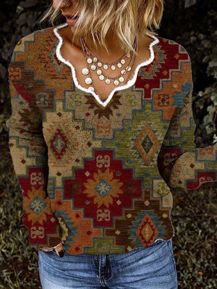 Women's Fashion Embroidered V-neck Printed Loose Long Sleeve Sweater